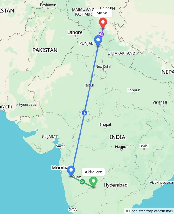 Route map showing distance and travel time from Akkalkot, India to Manali, India