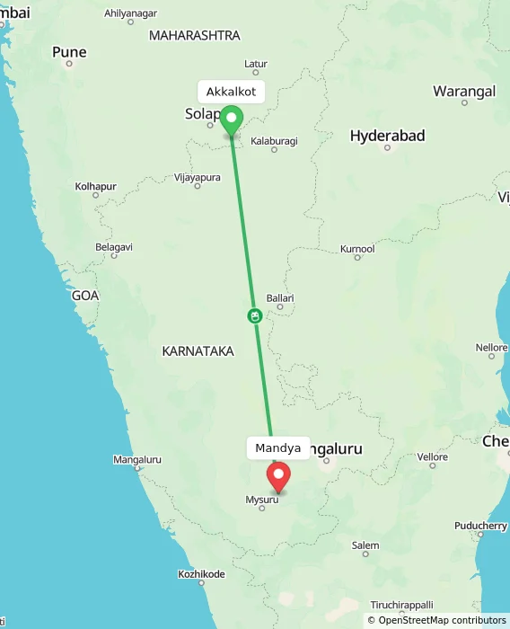 Route map showing distance and travel time from Akkalkot, India to Mandya, India