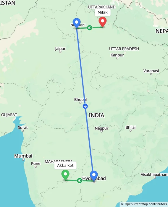 Route map showing distance and travel time from Akkalkot, India to Milak, India