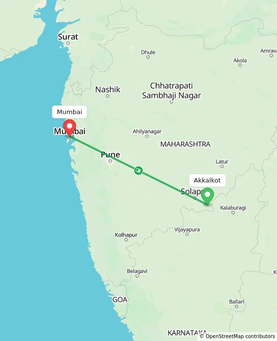 Route map showing distance and travel time from Akkalkot, India to Mumbai, India