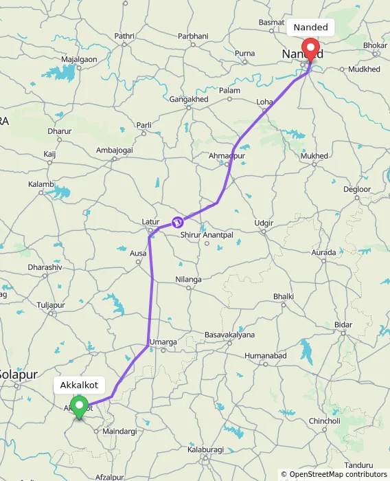 Route map showing distance and travel time from Akkalkot, India to Nanded, India