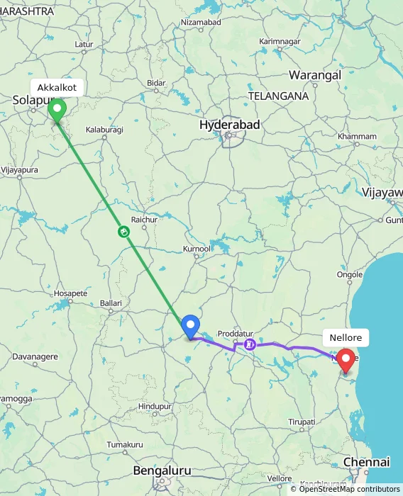 Route map showing distance and travel time from Akkalkot, India to Nellore, India