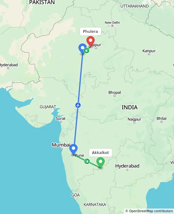 Route map showing distance and travel time from Akkalkot, India to Phulera, India