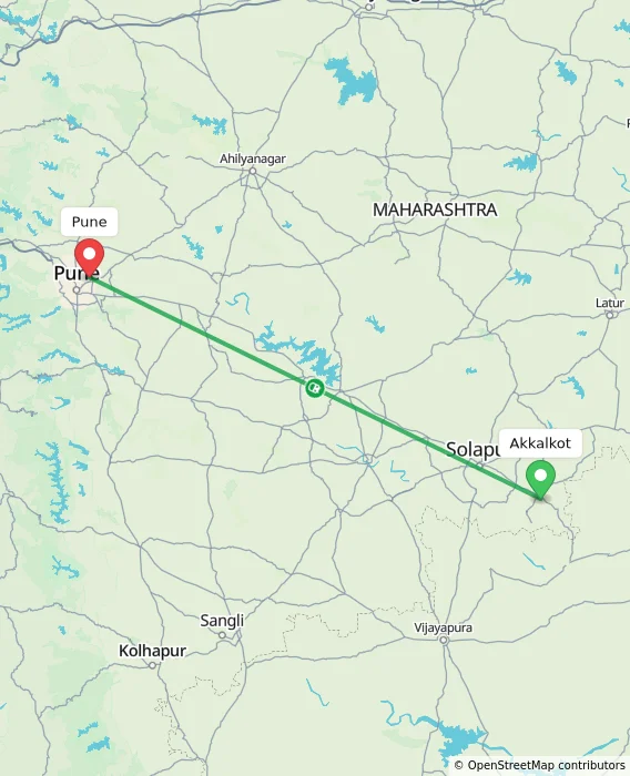 Route map showing distance and travel time from Akkalkot, India to Pune, India