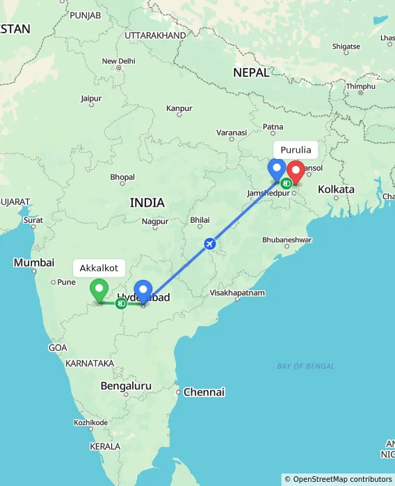 Route map showing distance and travel time from Akkalkot, India to Purulia, India