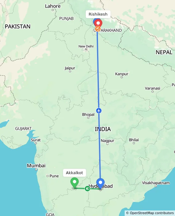 Route map showing distance and travel time from Akkalkot, India to Rishikesh, India