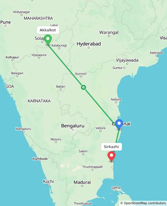 Route map showing distance and travel time from Akkalkot, India to Sirkazhi, India