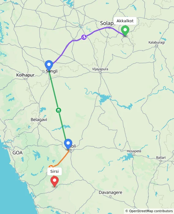 Route map showing distance and travel time from Akkalkot, India to Sirsi, India