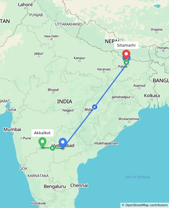 Route map showing distance and travel time from Akkalkot, India to Sitamarhi, India