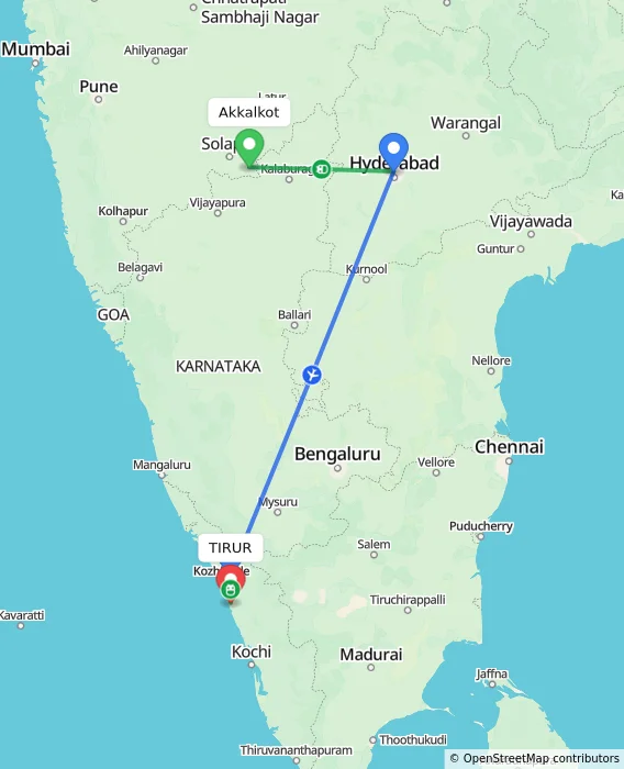 Route map showing distance and travel time from Akkalkot, India to TIRUR, India