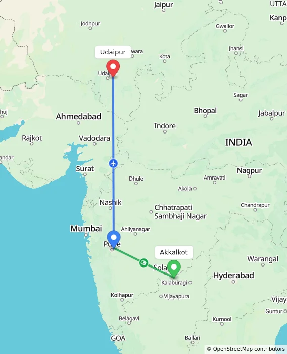 Route map showing distance and travel time from Akkalkot, India to Udaipur, India