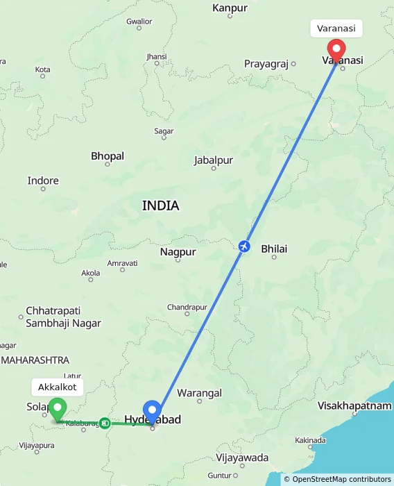 Route map showing distance and travel time from Akkalkot, India to Varanasi, India