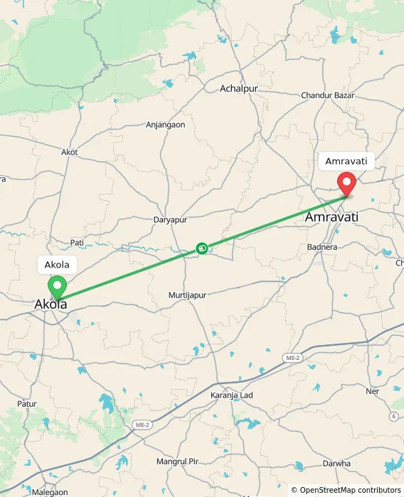 Route map showing distance and travel time from Akola, India to Amravati, India
