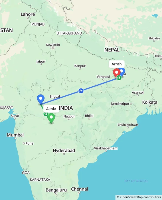 Route map showing distance and travel time from Akola, India to Arrah, India