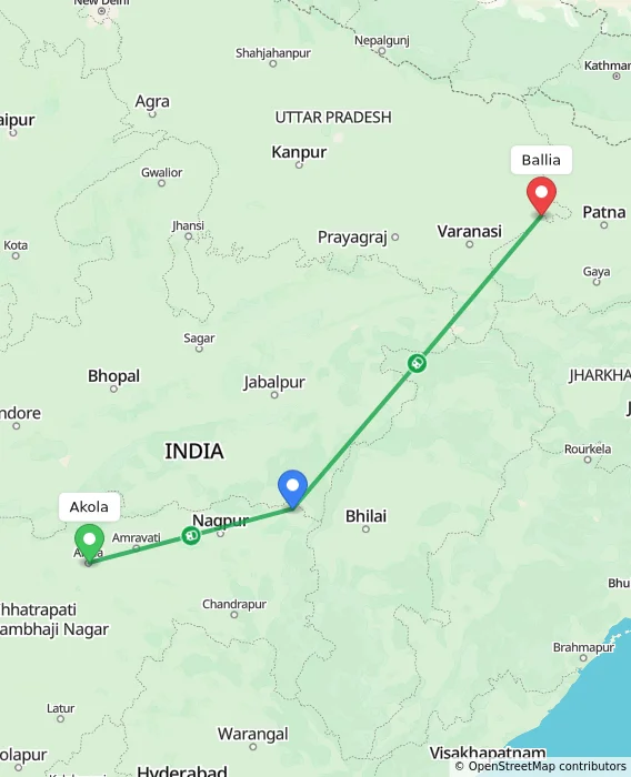 Route map showing distance and travel time from Akola, India to Ballia, India