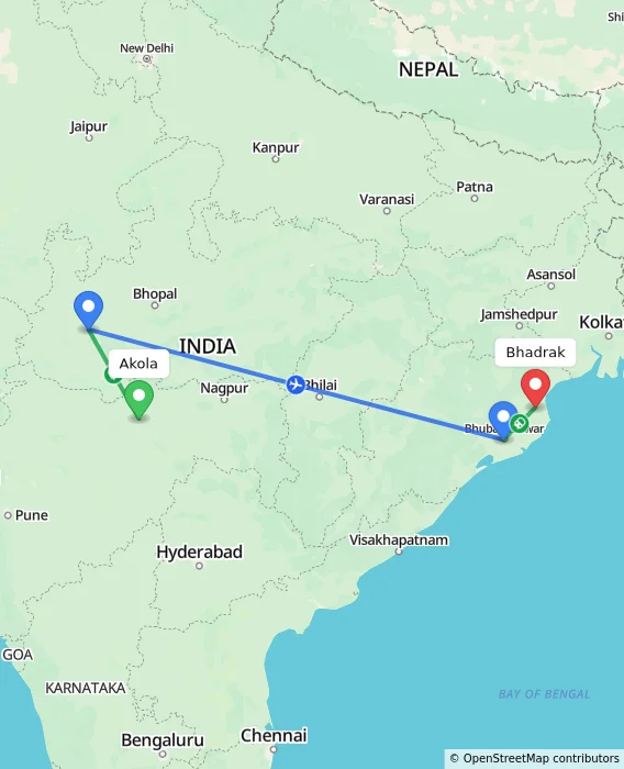 Route map showing distance and travel time from Akola, India to Bhadrak, India