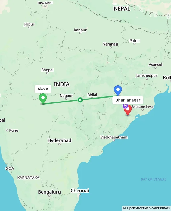 Route map showing distance and travel time from Akola, India to Bhanjanagar, India