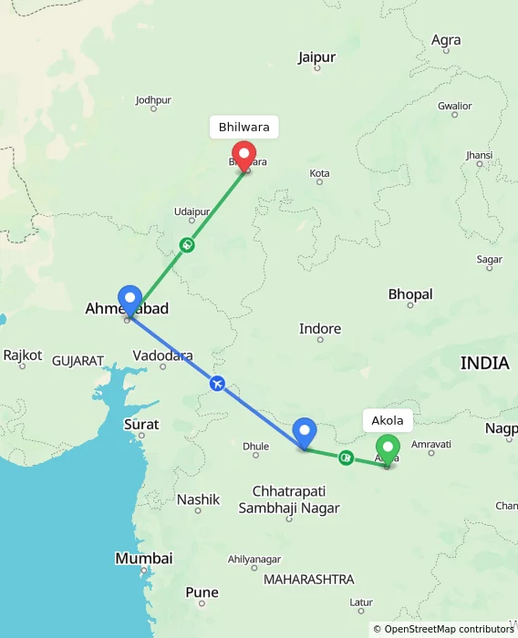 Route map showing distance and travel time from Akola, India to Bhilwara, India