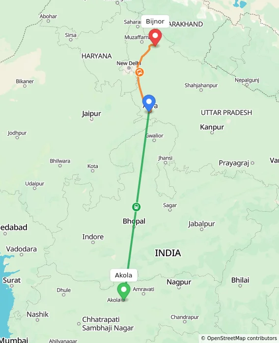 Route map showing distance and travel time from Akola, India to Bijnor, India
