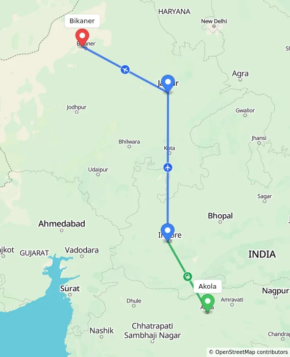 Route map showing distance and travel time from Akola, India to Bikaner, India