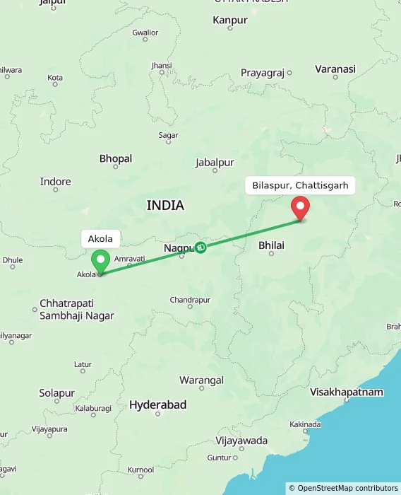 Route map showing distance and travel time from Akola, India to Bilaspur, Chattisgarh, India
