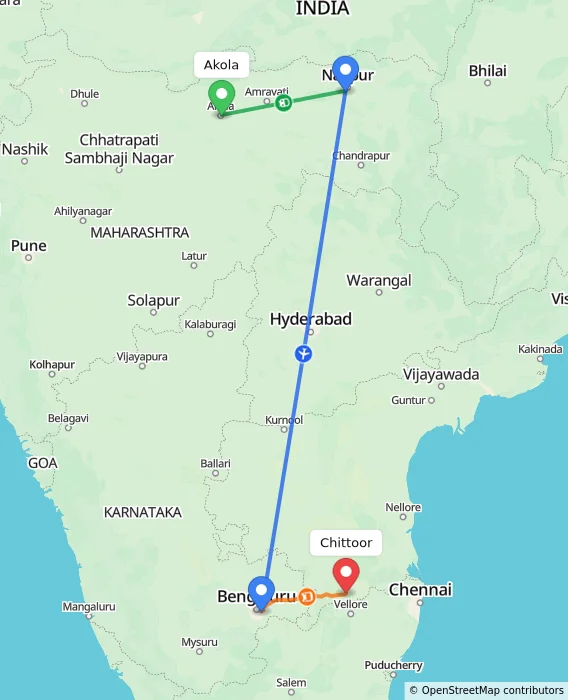 Route map showing distance and travel time from Akola, India to Chittoor, India