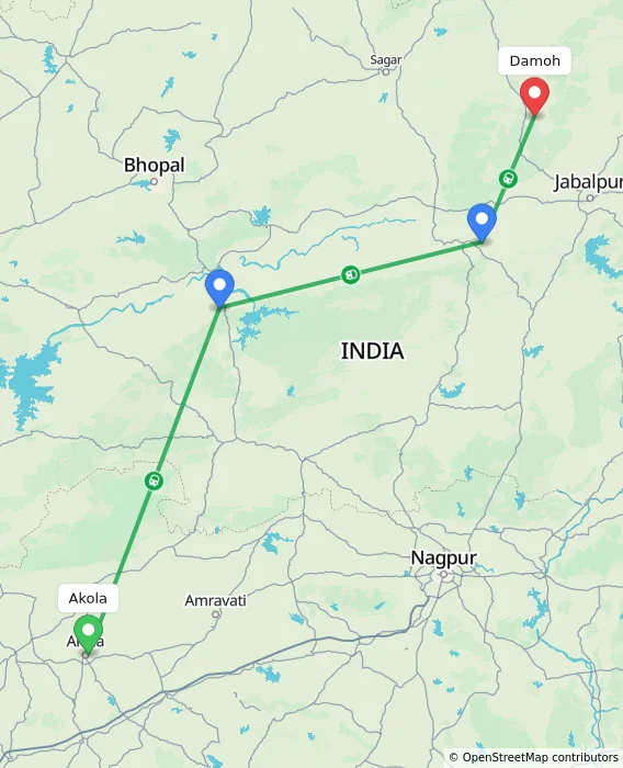 Route map showing distance and travel time from Akola, India to Damoh, India