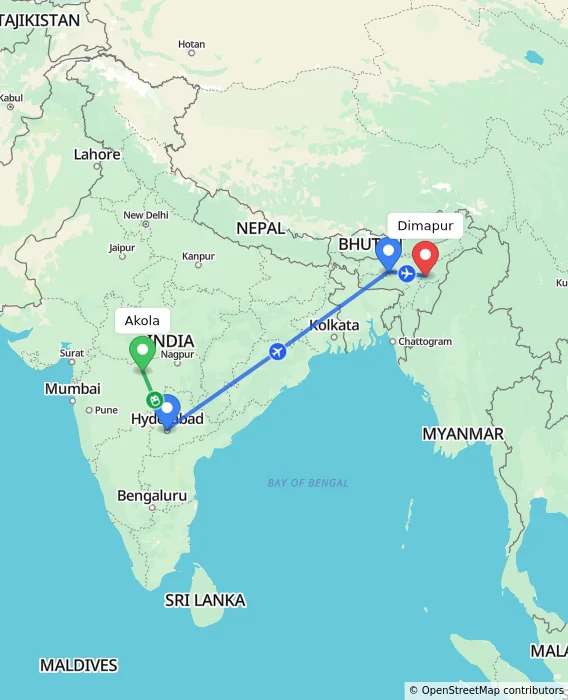 Route map showing distance and travel time from Akola, India to Dimapur, India
