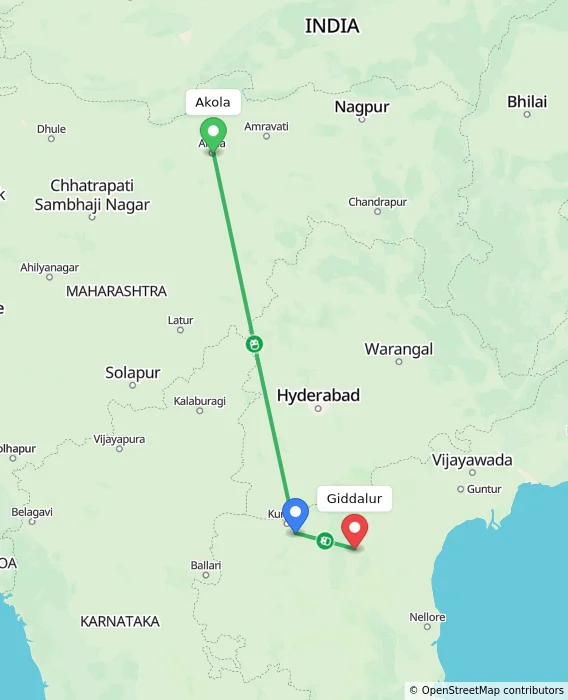 Route map showing distance and travel time from Akola, India to Giddalur, India