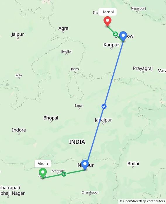 Route map showing distance and travel time from Akola, India to Hardoi, India