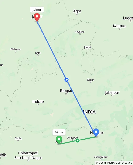Route map showing distance and travel time from Akola, India to Jaipur, India