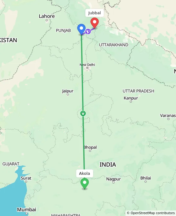 Route map showing distance and travel time from Akola, India to Jubbal, India