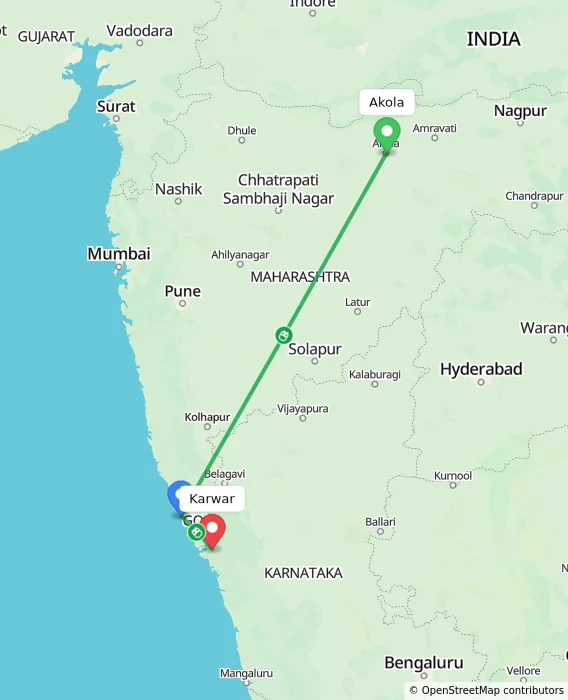 Route map showing distance and travel time from Akola, India to Karwar, India