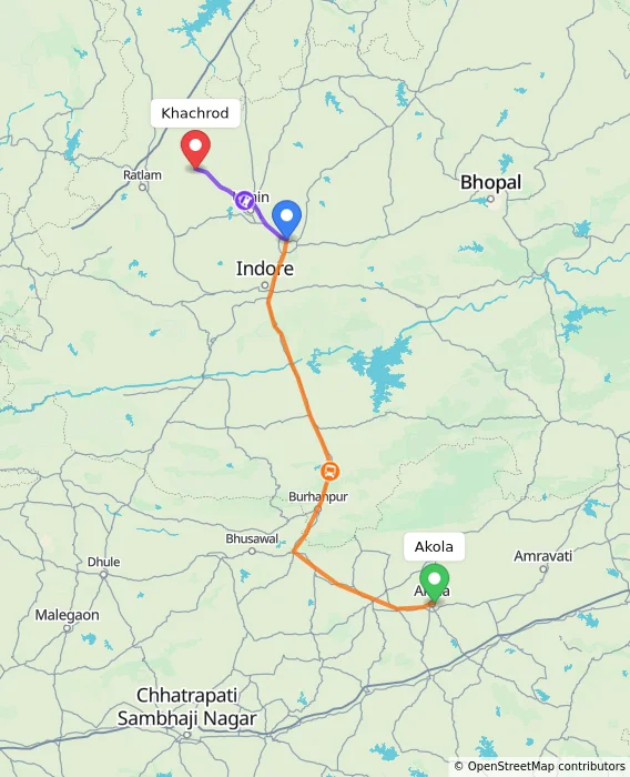 Route map showing distance and travel time from Akola, India to Khachrod, India