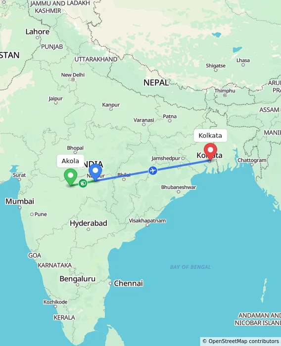 Route map showing distance and travel time from Akola, India to Kolkata, India