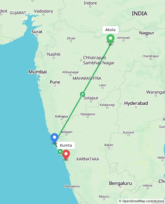 Route map showing distance and travel time from Akola, India to Kumta, India