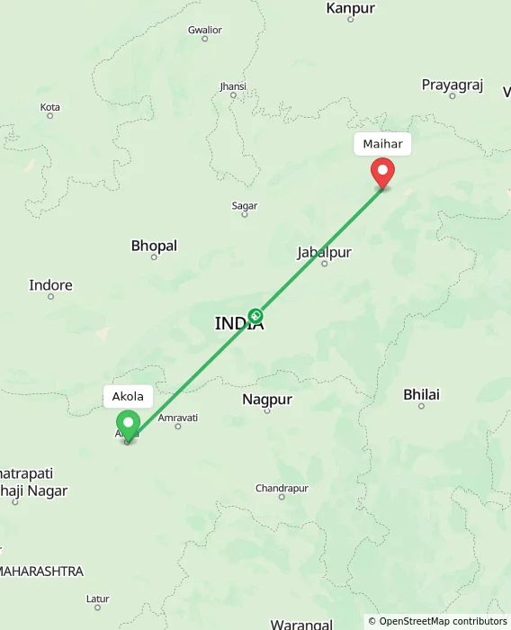 Route map showing distance and travel time from Akola, India to Maihar, India