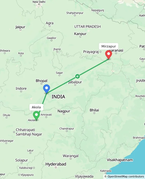 Route map showing distance and travel time from Akola, India to Mirzapur, India