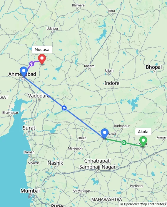 Route map showing distance and travel time from Akola, India to Modasa, India
