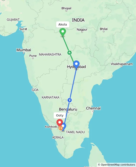 Route map showing distance and travel time from Akola, India to Ooty, India