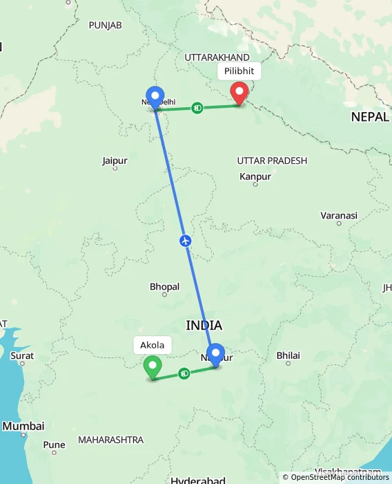 Route map showing distance and travel time from Akola, India to Pilibhit, India