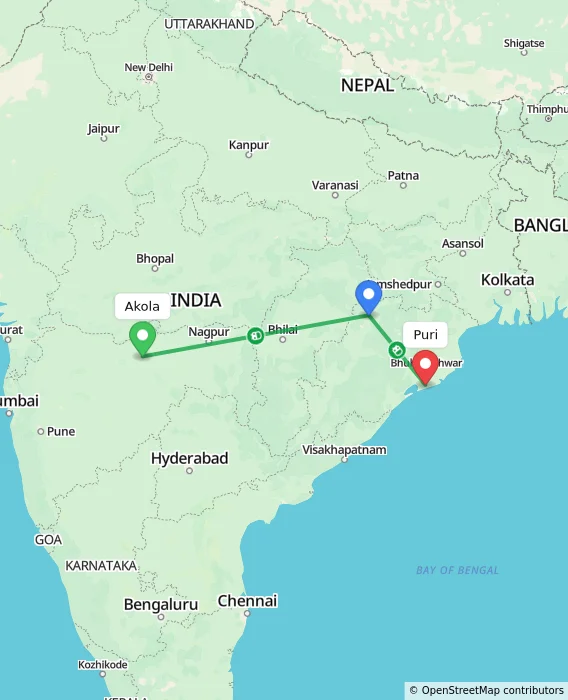 Route map showing distance and travel time from Akola, India to Puri, India