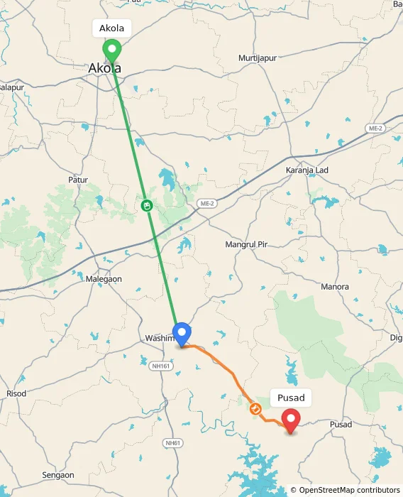 Route map showing distance and travel time from Akola, India to Pusad, India