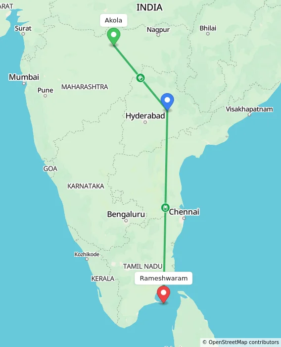 Route map showing distance and travel time from Akola, India to Rameshwaram, India