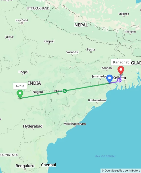 Route map showing distance and travel time from Akola, India to Ranaghat, India