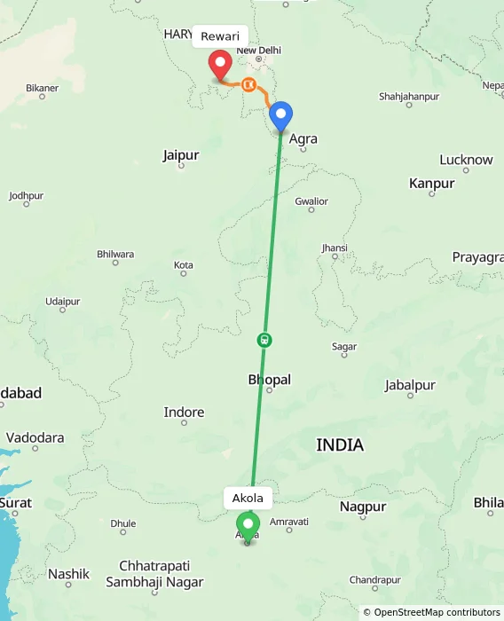 Route map showing distance and travel time from Akola, India to Rewari, India