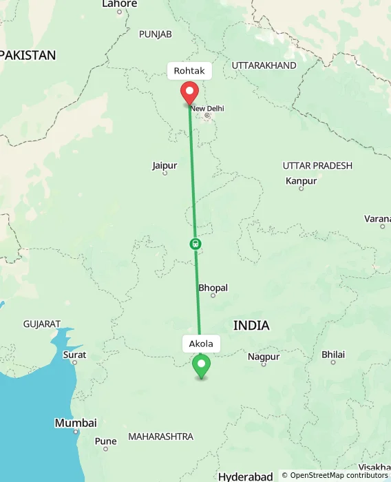 Route map showing distance and travel time from Akola, India to Rohtak, India