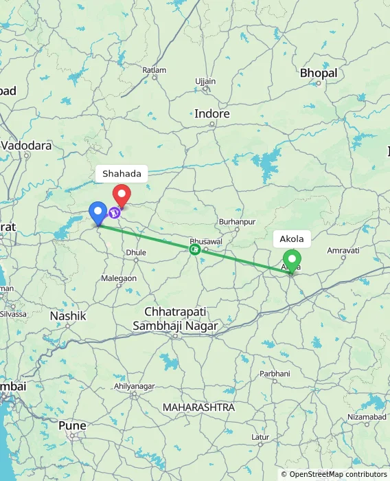 Route map showing distance and travel time from Akola, India to Shahada, India