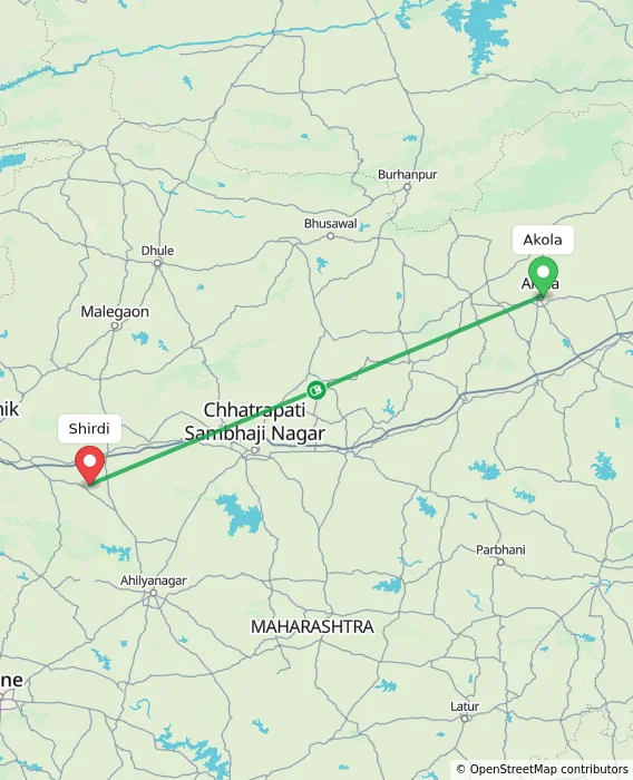 Route map showing distance and travel time from Akola, India to Shirdi, India