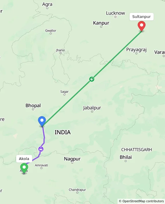 Route map showing distance and travel time from Akola, India to Sultanpur, India